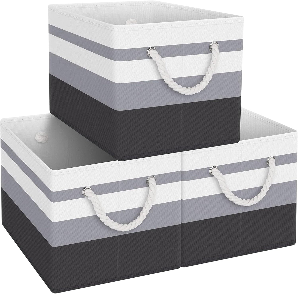 Fab totes Storage Bins, Foldable Storage Baskets for Organizing Toys, Books, Shelves, Closet, Large Storage Box with Rope Handles, Sturdy Organizer Bins, White & Grey
