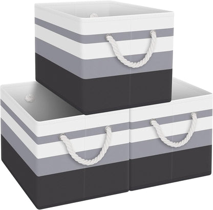 Fab totes Storage Bins, Foldable Storage Baskets for Organizing Toys, Books, Shelves, Closet, Large Storage Box with Rope Handles, Sturdy Organizer Bins, White & Grey