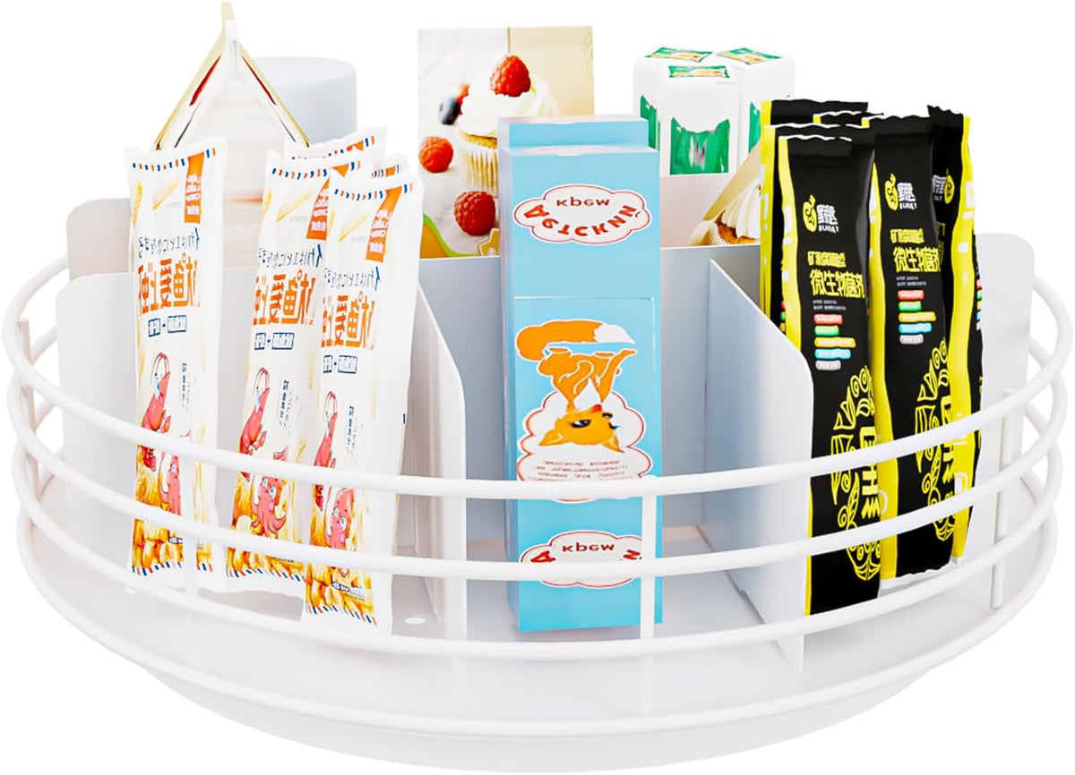 Snack Organizer - Versatile Snack Storage 2 Tier Lazy Susan with Convenient Grab-and-Go Design, Wood and Metal Snack Holder for Home, Office, Breakroom, 12.13" L x 12.13" W x 12.56" H