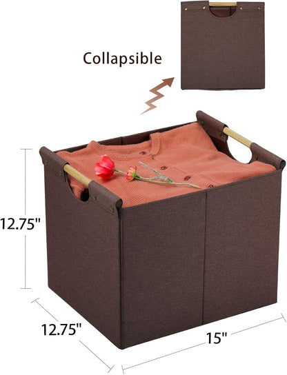 HOONEX Large Collapsible Storage Bins, Linen Fabric, Pack of 2, Storage Baskets with Wooden Carry Handles and Sturdy Heavy Cardboard, for Home, Office, Car, Nursery, Black