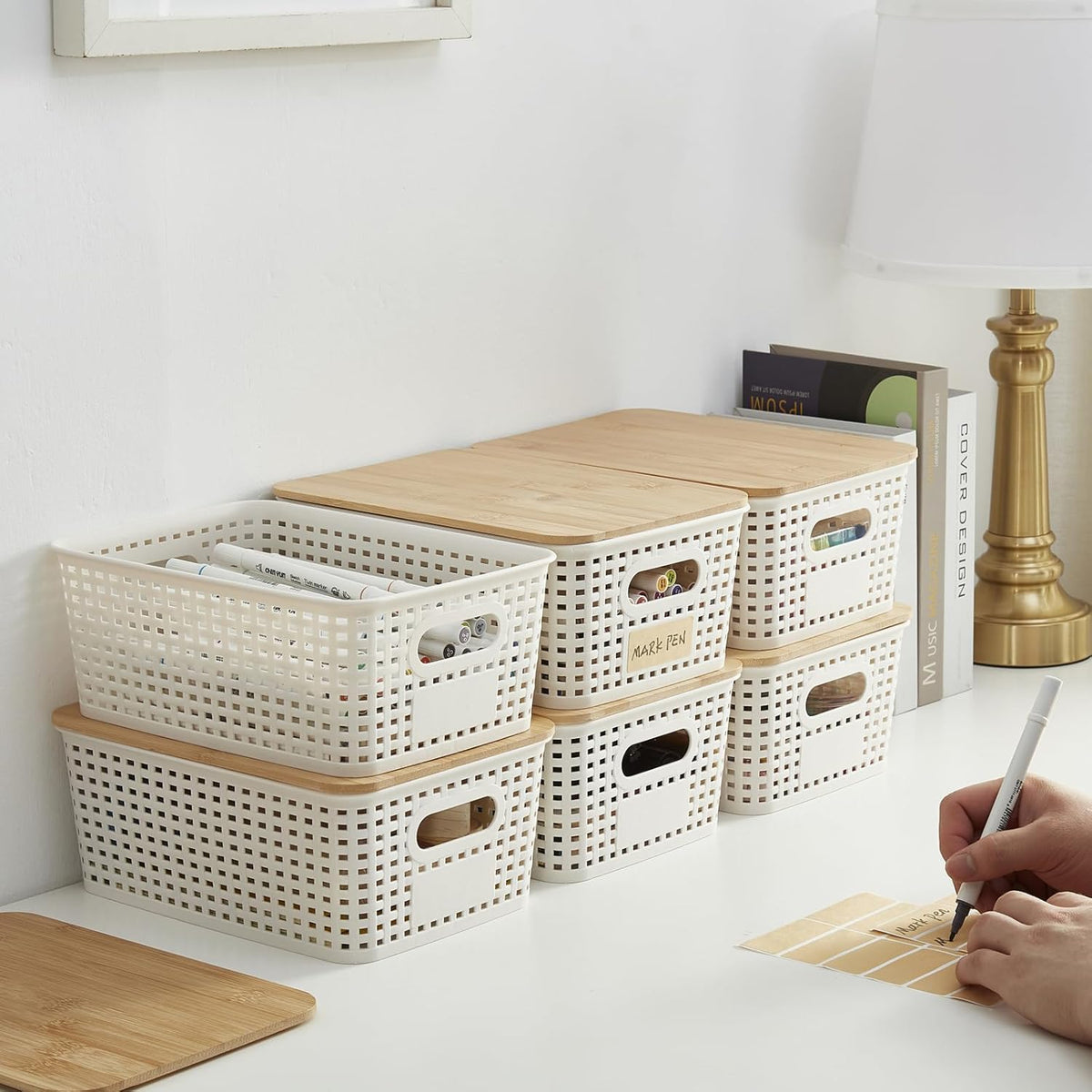 Bagnizer Small Plastic Storage Bins with Bamboo Lids 5.2qt Stackable Box Basket Pantry Decorative Containers Cute with Labels for Organizing Desktop Closet Office Cream White of 10*7.2*4.1"
