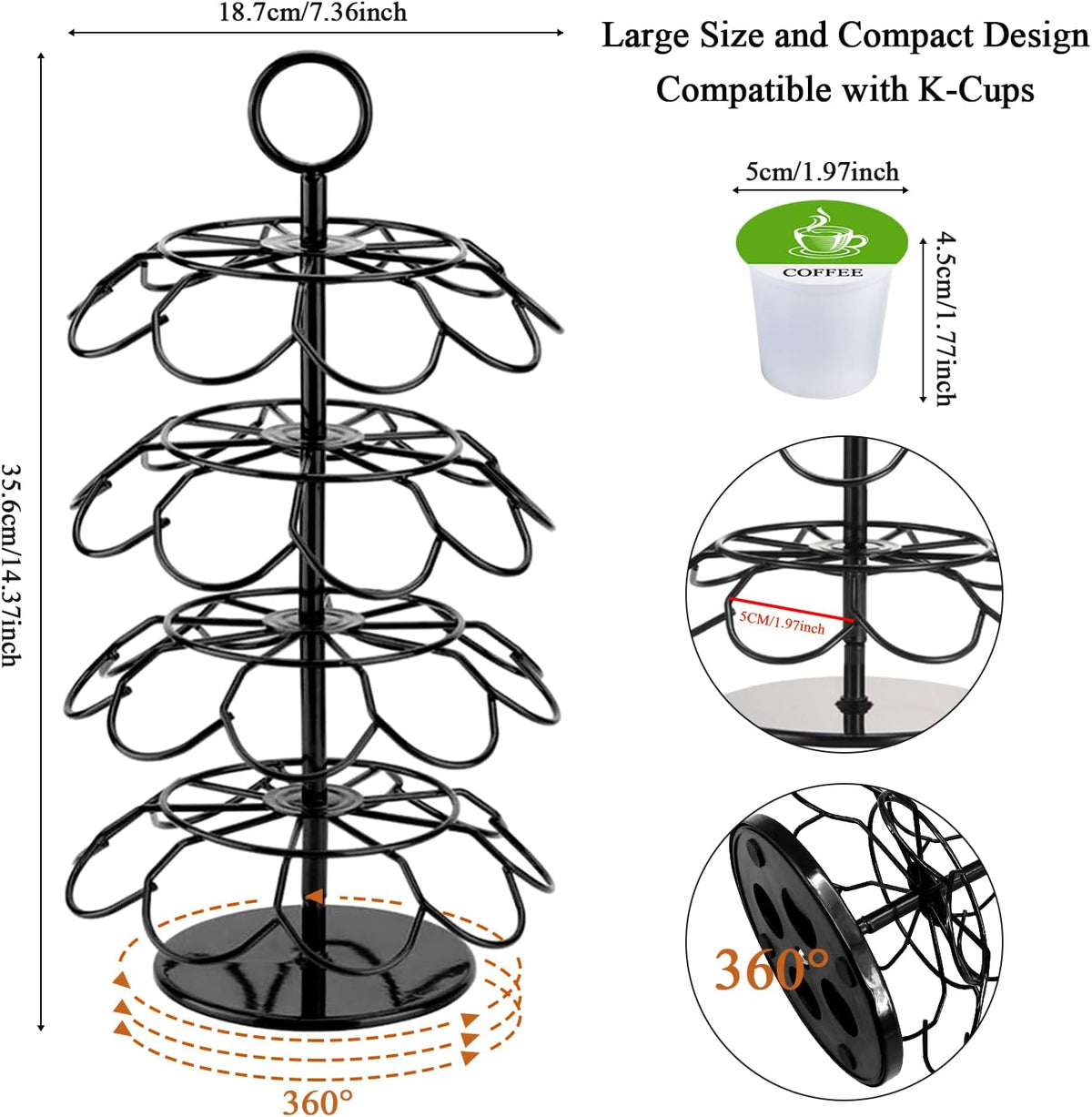 KIMIUP Coffee Pod Holder, K Cup Organizer Compatible with K-Cups(36 Pods), Kitchen Detachable Coffee Pod Organizer for Countertop, Spins 360-Degrees