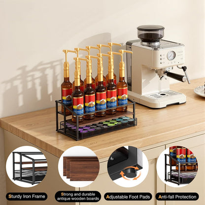 kimilus Coffee Syrup Rack Organizer, 4-Tier 12 Bottle Syrup Rack with 35 K Cup Drawer for Coffee Bar, Countertop Bottle Holder Stand for Dressing for Kitchen Cafe Station