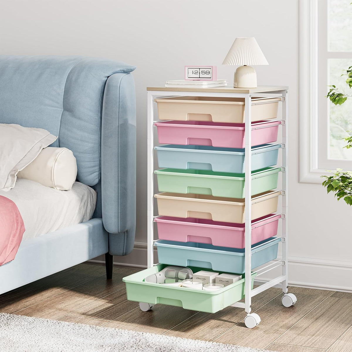 Rolling Cart with Drawers, Pink Cart with 8 Plastic Drawer Storage and Wooden Tabletop, Craft Storage, Teacher Cart, Storage Cart on Wheels, Rose Pink