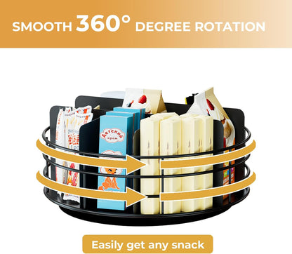 Snack Organizer - Versatile Snack Storage 2 Tier Lazy Susan with Convenient Grab-and-Go Design, Wood and Metal Snack Holder for Home, Office, Breakroom, 12.13" L x 12.13" W x 12.56" H