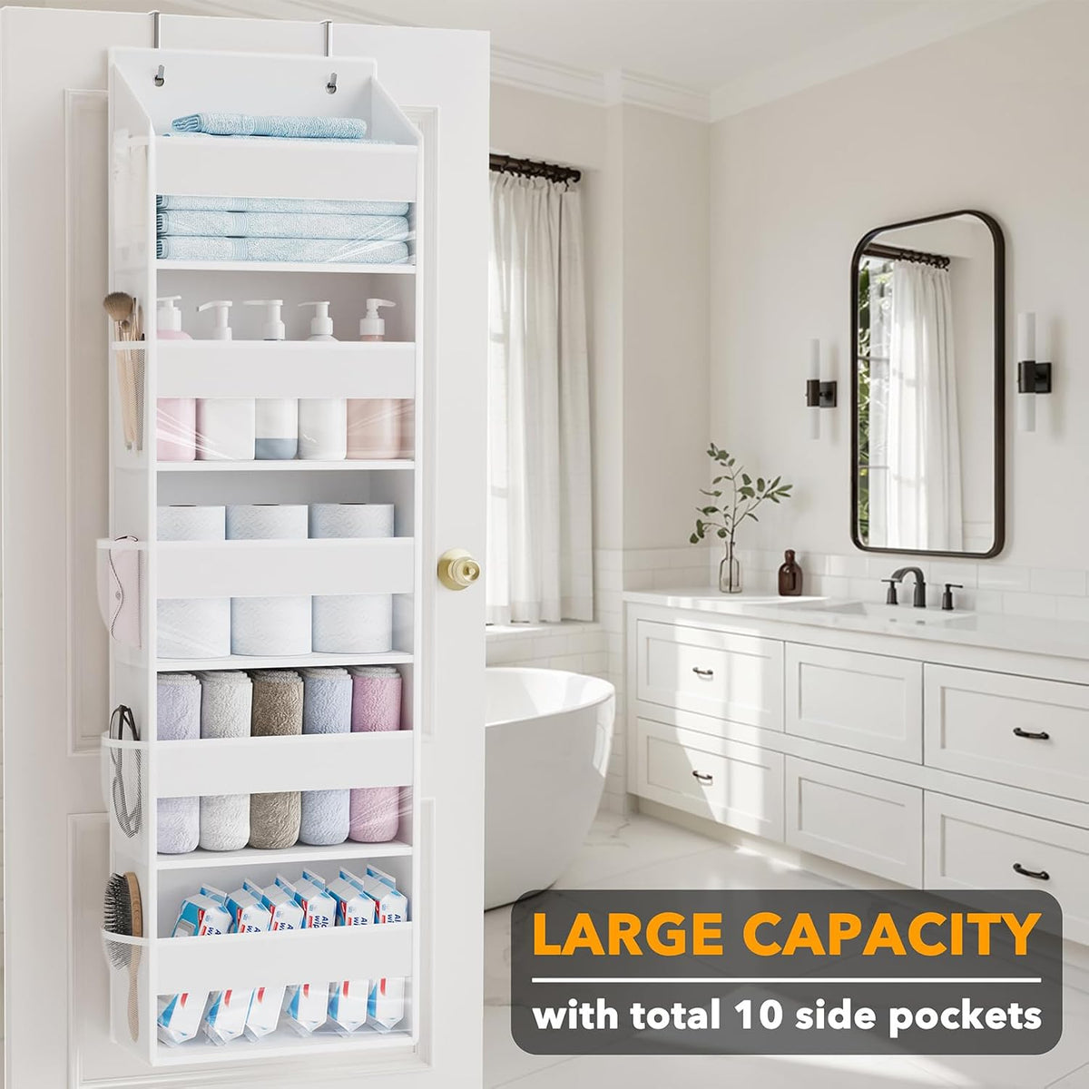 SpaceAid Over The Door Organizer with 5 Large Pockets and 10 Mesh Side Pockets, 5 Layers Door Organizer Hanging with Clear Window for Bedroom, Bathroom, Pantry and Nursery, Gray