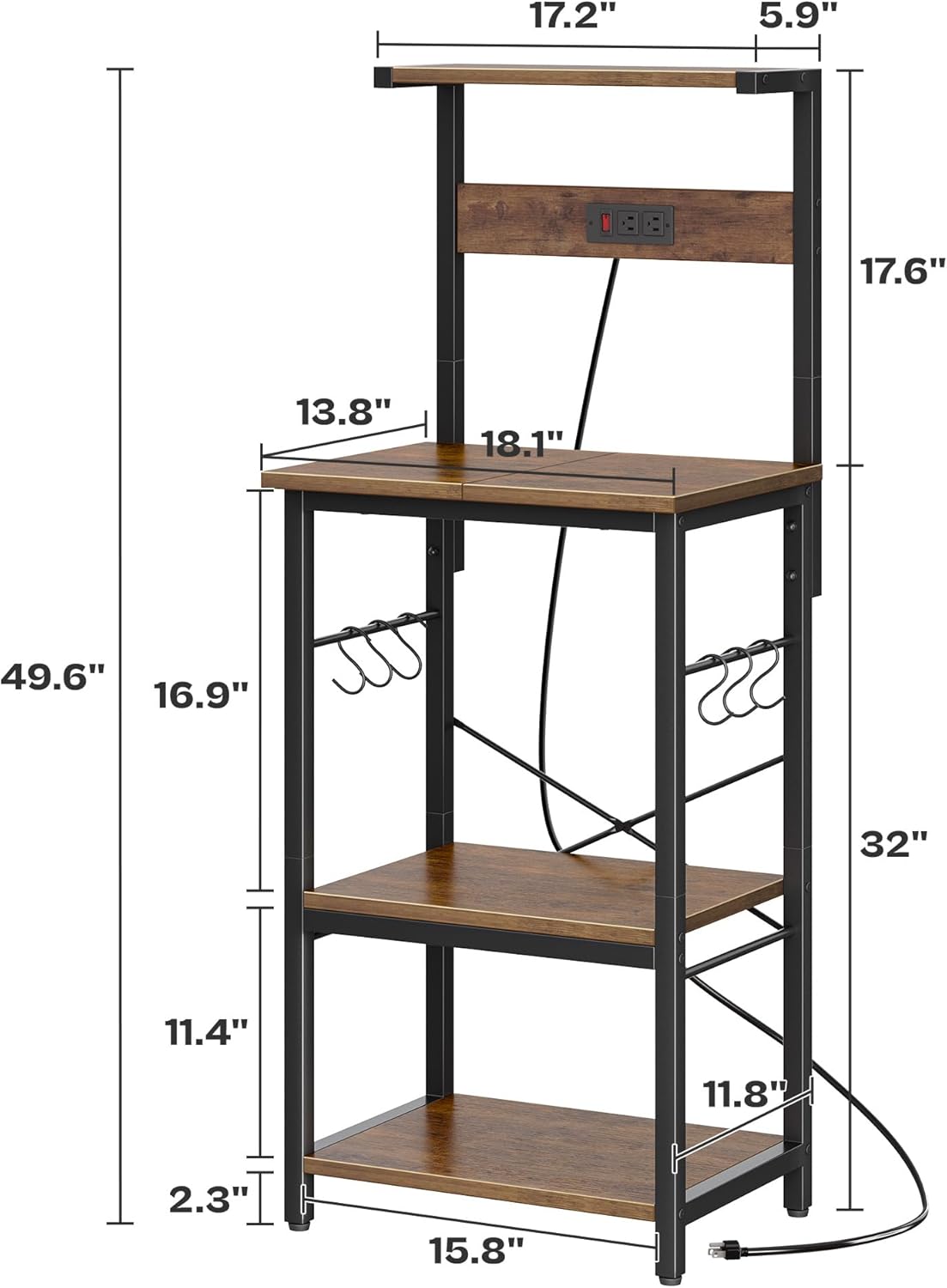 SUPERJARE Kitchen Bakers Rack with Power Outlet, Coffee Bar Table 4 Tiers, Kitchen Microwave Stand with 6 S-shaped Hooks, Storage Shelf Rack for Spices, Pots and Pans - Rustic Brown