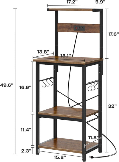 SUPERJARE Kitchen Bakers Rack with Power Outlet, Coffee Bar Table 4 Tiers, Kitchen Microwave Stand with 6 S-shaped Hooks, Storage Shelf Rack for Spices, Pots and Pans - Rustic Brown