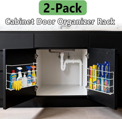 Premium 2-Pack Heavy Duty Kitchen Wrap Organizer, Extra Thick & Sturdy Metal Wire Rack for Cabinet Door, Holds Foil, Plastic Wrap, Wax Paper, Bags, Space Saving Under Sink or Pantry Storage Holder