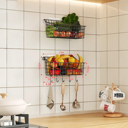 Sonyabecca 6 Pack Hanging Wall Basket for Organizing, Large Wire Basket for Storage Pantry with 5 S Hook+6 Adhesive Hook, Wall Mounted Shelf for Kitchen Bathroom
