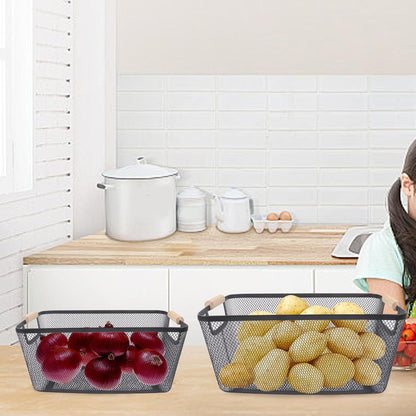Potato and Onion Storage Bin, 2 Set Potato Bin Storage and Onion Container with Wooden Handle, Pantry Kitchen Organization and Storage, Metal Mesh Baskets for Fruit, Vegetable, Produce-Black