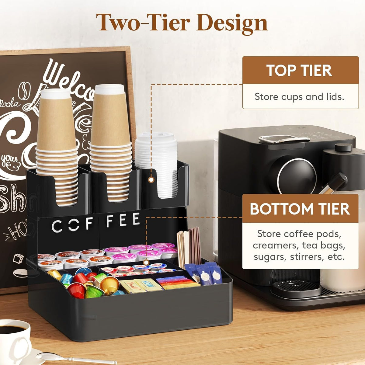 Lifewit 2-tier Coffee Station Organizer Caddy for Countertop, 10 Compartments Coffee Bar Organizers for Cups, Pods, Sugar, Compact Condiment Holders Storage for Office Breakroom Kitchen Home Black