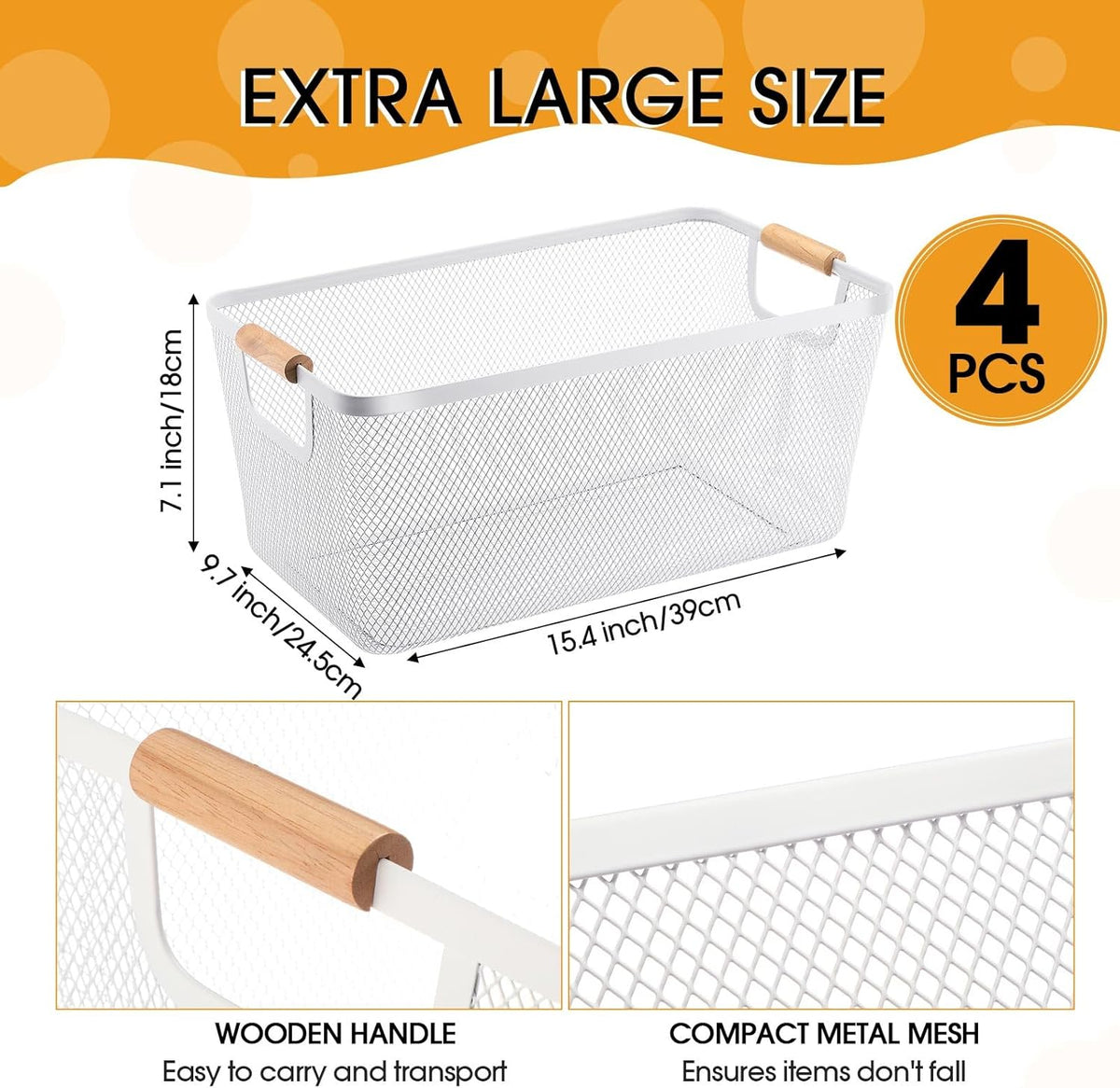 Ziliny 4 Pcs Metal Mesh Wire Baskets with Wooden Handles for Organizing, Pantry Organizers and Storage Steel Bin Kitchen Baskets for Fruit Potato Onion Snacks Bathroom Cabinet(Small,Black)
