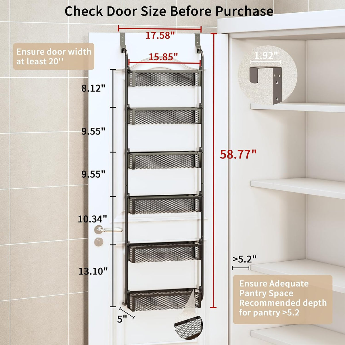Over the Door Pantry Organizer, 6-Tier Pantry Door Organization and Storage, Over the Door Spice Rack, Home & Kitchen Storage Shelves for Cabinet, Black