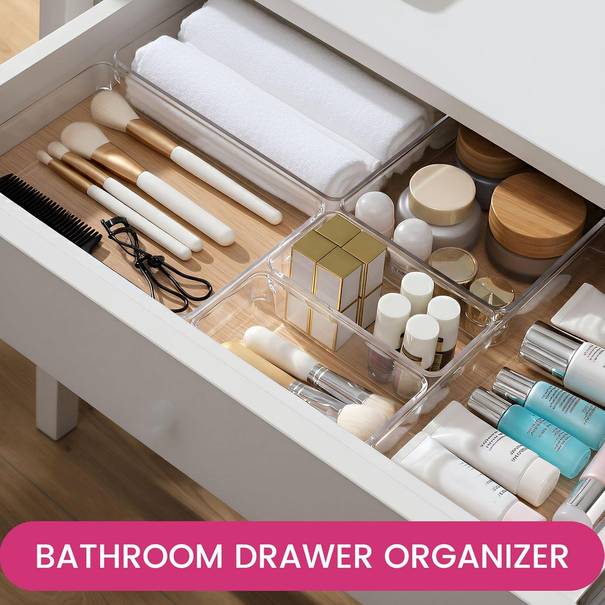 Criusia Large Drawer Organizer Bins | Complete 5 Size Clear Plastic Kitchen Drawer Organizers for Utensils | Bathroom Drawer Organizer Trays | Versatile for Makeup Office Organization