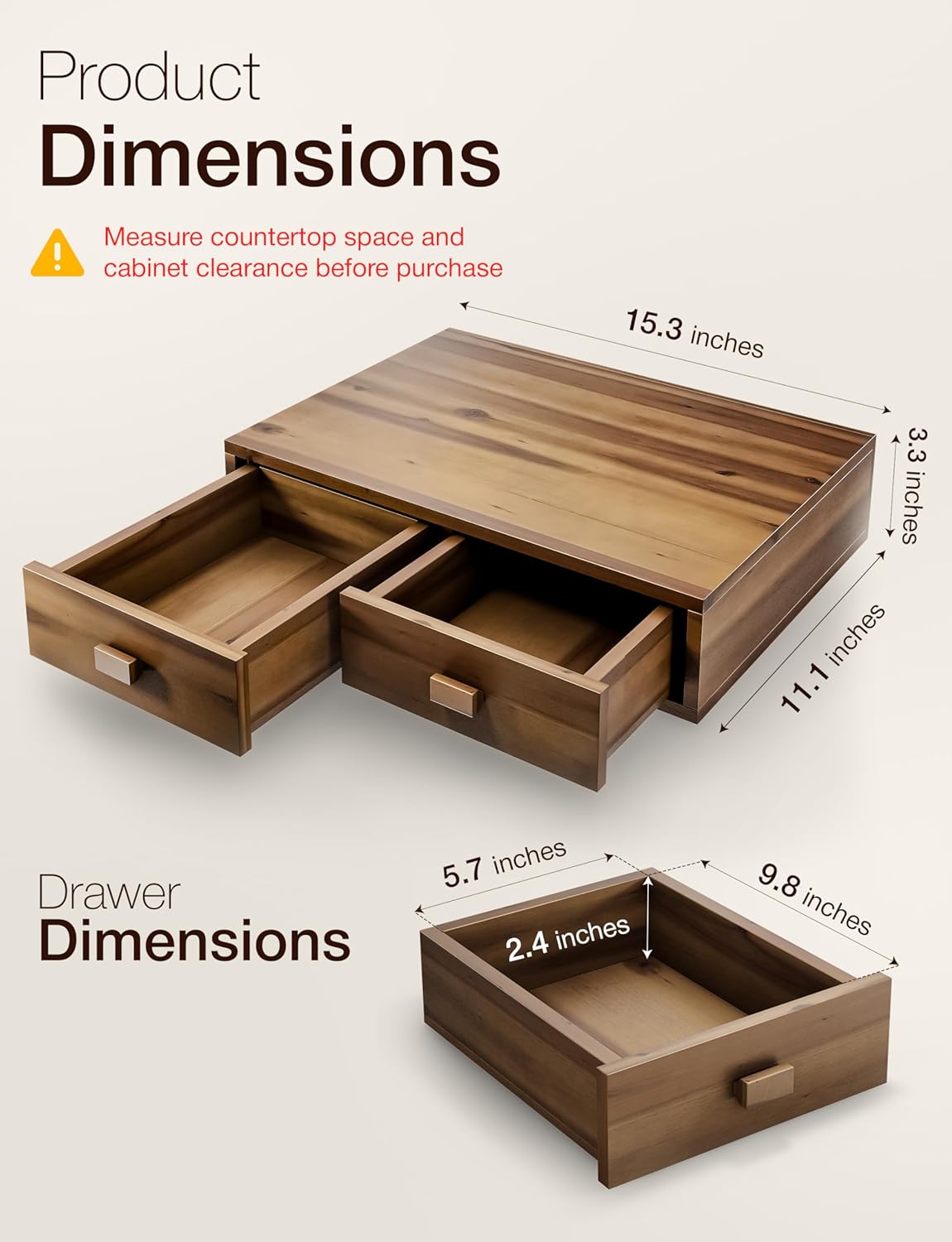 Tinamo Acacia Wood Coffee Pod Storage Box, 30 Pod Capacity, Coffee Pods and Tea Organizer Holder, K Pod Drawer Coffee Maker Machine Stand, for K-Cup Drawer Organizer Under Brewer (Acacia, 2 drawer)
