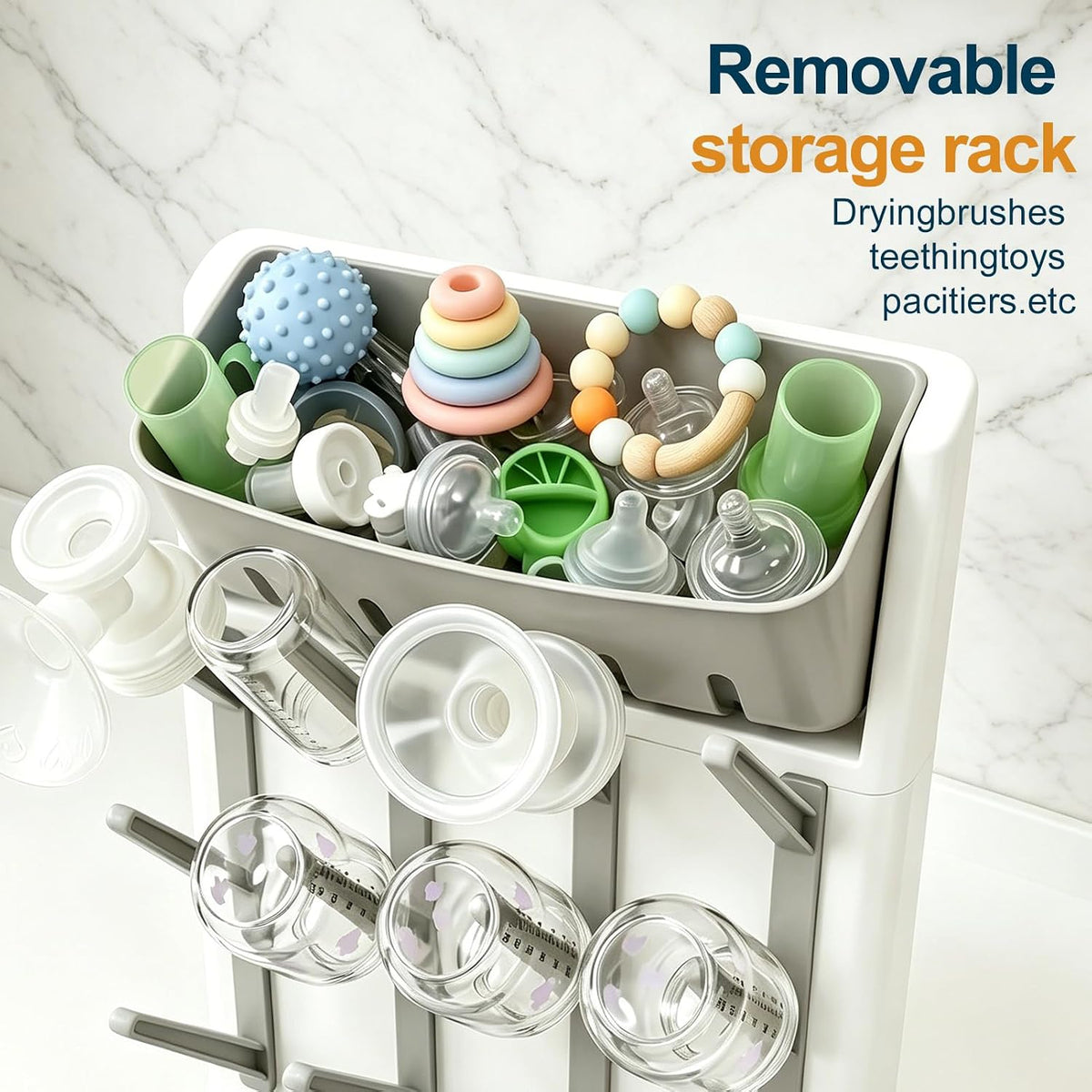GoMaihe Baby Bottle Drying Rack: Space Saving Vertical Bottle Dryer Holder - Newborn Accessories Storage Stand Organize Brushes Pacifiers on Countertop - BPA-Free - Gray