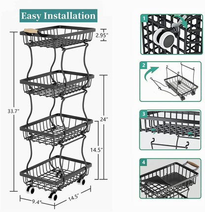 CHLORYARD 4 Tier Slim Fruit Basket for Kitchen, Stackable Metal Wire Fruit Vegetable Storage Baskets Organizer Stand on Wheels, Produce Basket Potato Onion Storage Bins Rack for Pantry. (Black)