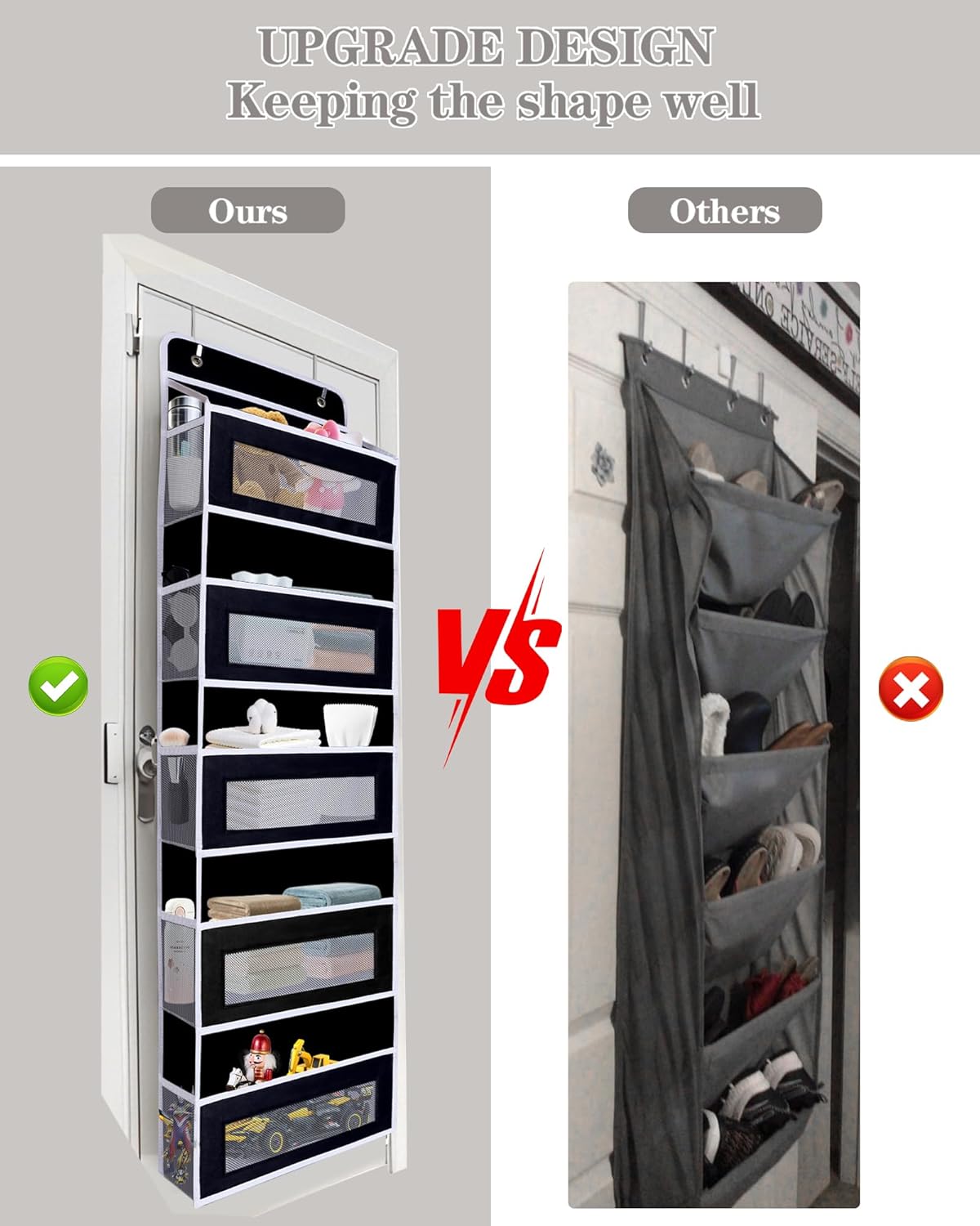 Over The Door Organizer 44LB Capacity with 5 Large Pockets & 10 Mesh Side Pockets, Clear Window Anti-Tilt Hanging Storage for Nursery, Bathroom, Pantry - Dark Grey, 1 Pack