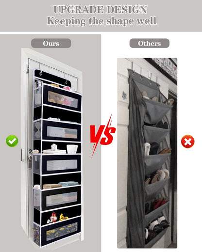 Over The Door Organizer 44LB Capacity with 5 Large Pockets & 10 Mesh Side Pockets, Clear Window Anti-Tilt Hanging Storage for Nursery, Bathroom, Pantry - Dark Grey, 1 Pack