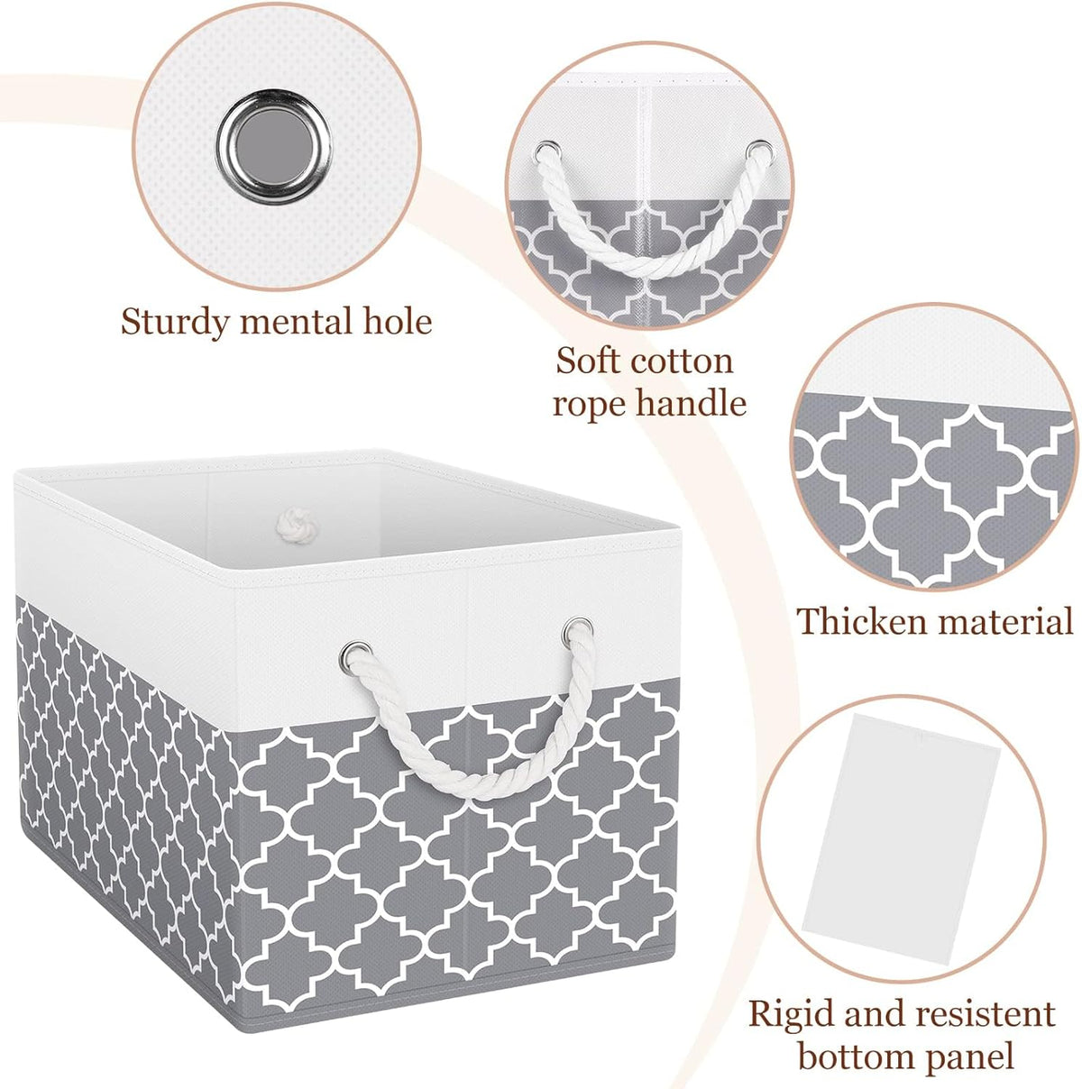 Fab totes Storage Bins, Foldable Storage Baskets for Organizing Toys, Books, Shelves, Closet, Large Storage Box with Rope Handles, Sturdy Organizer Bins, White & Grey