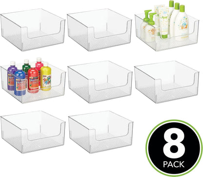 mDesign Modern Plastic Open Front Dip Storage Organizer Bin Basket for Household Organization - Shelves, Cubby, Cabinet, and Closet Organizing Decor - Ligne Collection - 8 Pack - Clear