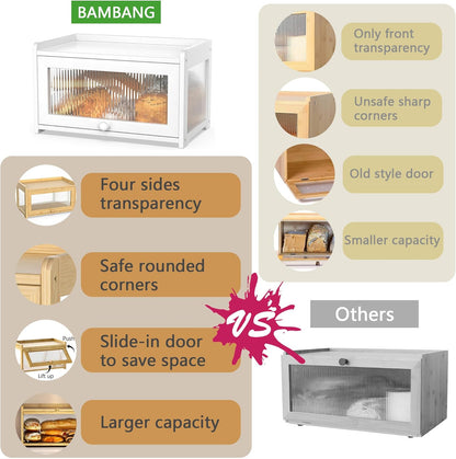 BAMBANG Bamboo Bread Box for Kitchen Countertop, Extra Large Farmhouse Bread Box with 4-Side Clear Panels, Wooden Bread Storage Container for Homemade Bread, Natural