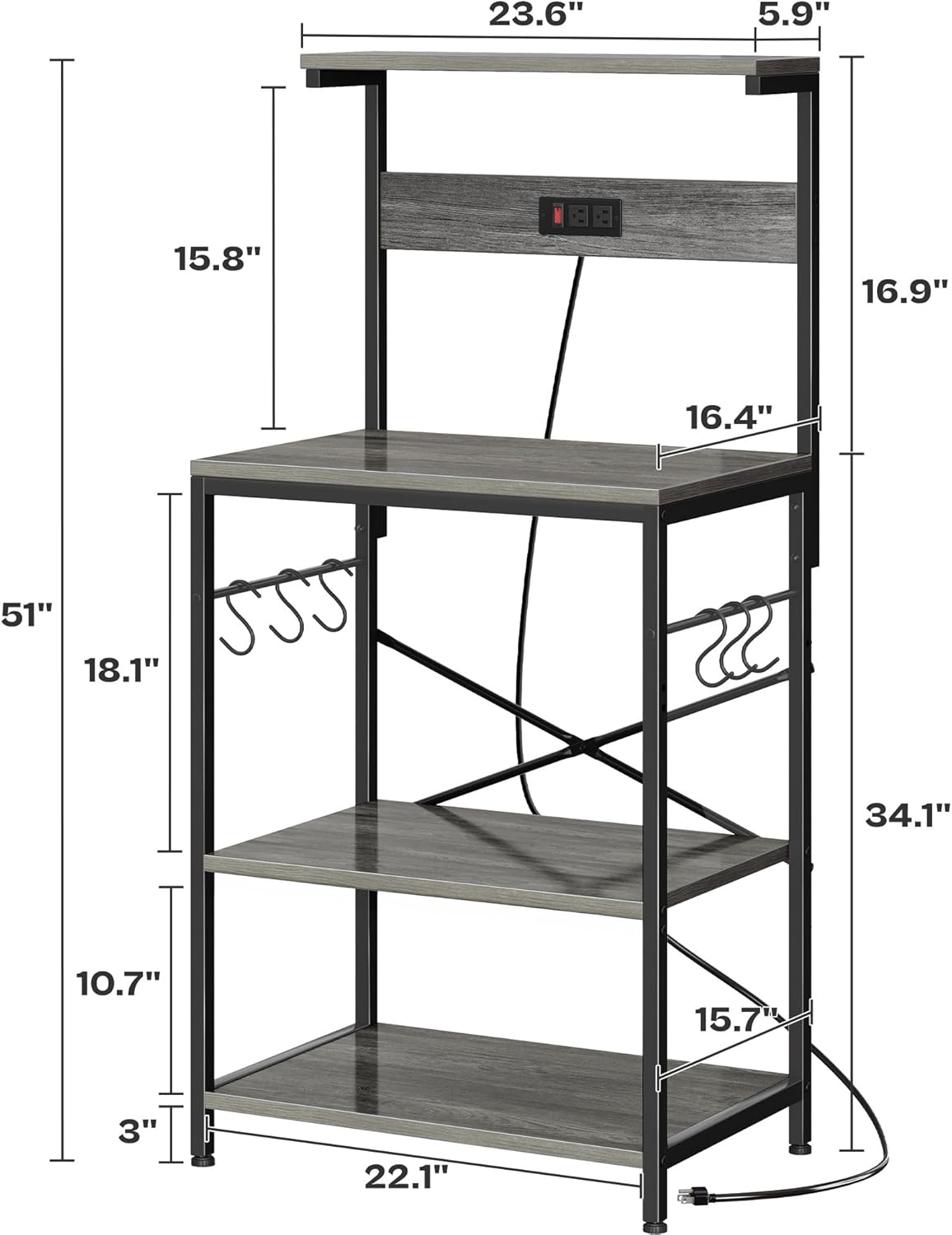 SUPERJARE Kitchen Bakers Rack with Power Outlet, Coffee Bar Table 4 Tiers, Kitchen Microwave Stand with 6 S-shaped Hooks, Storage Shelf Rack for Spices, Pots and Pans - Rustic Brown