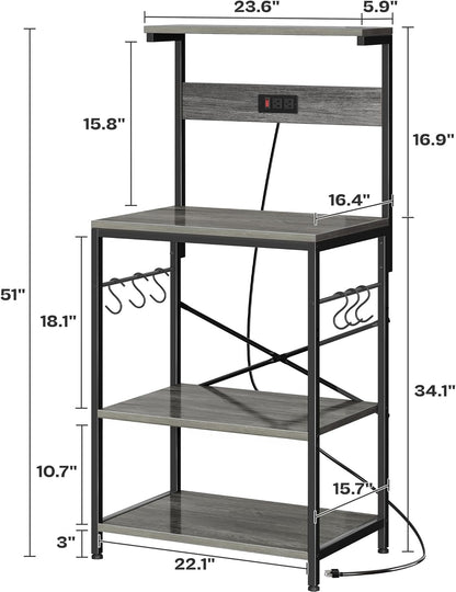 SUPERJARE Kitchen Bakers Rack with Power Outlet, Coffee Bar Table 4 Tiers, Kitchen Microwave Stand with 6 S-shaped Hooks, Storage Shelf Rack for Spices, Pots and Pans - Rustic Brown