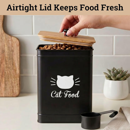 Cat Food Storage Container with Scoop - 5-7 lb (25 Cup) Capacity Metal Cat Food Container with Airtight Bamboo Lid and Metal Scoop - Airtight Pet Food Storage Containers 5 lb - 7 lb Kibble Container
