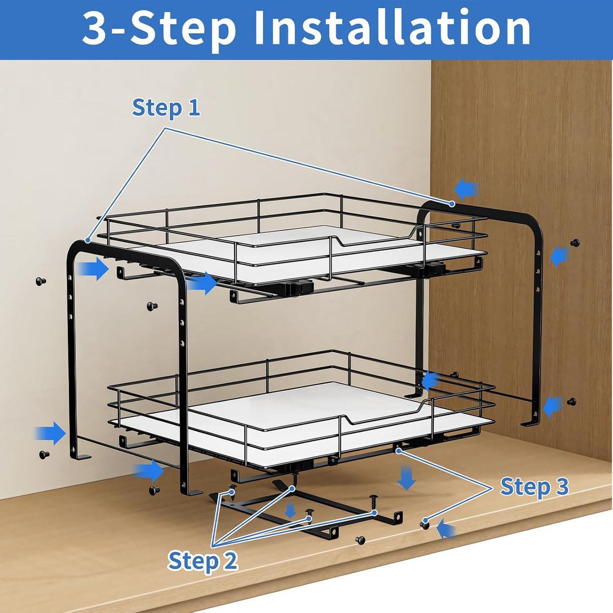 BOIVSHI 2-Tier Spice Rack, Pull Out Cabinet Organizer Spice Racks Height Adjustable Heavy Duty Metal Basket for Inside Cabinets & Pantry Closet(9.5''Wx10.5''Dx9.5''H)