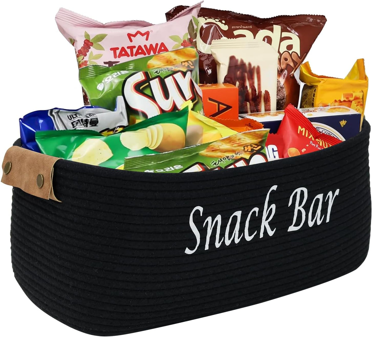 Snack Organizer for Pantry Shelf, Black Cotton Rope Basket with Handles, Snack Bin for Storing Chips, Pretzels, Cookies, Popcorn, Snack Bar Station Kitchen Organization