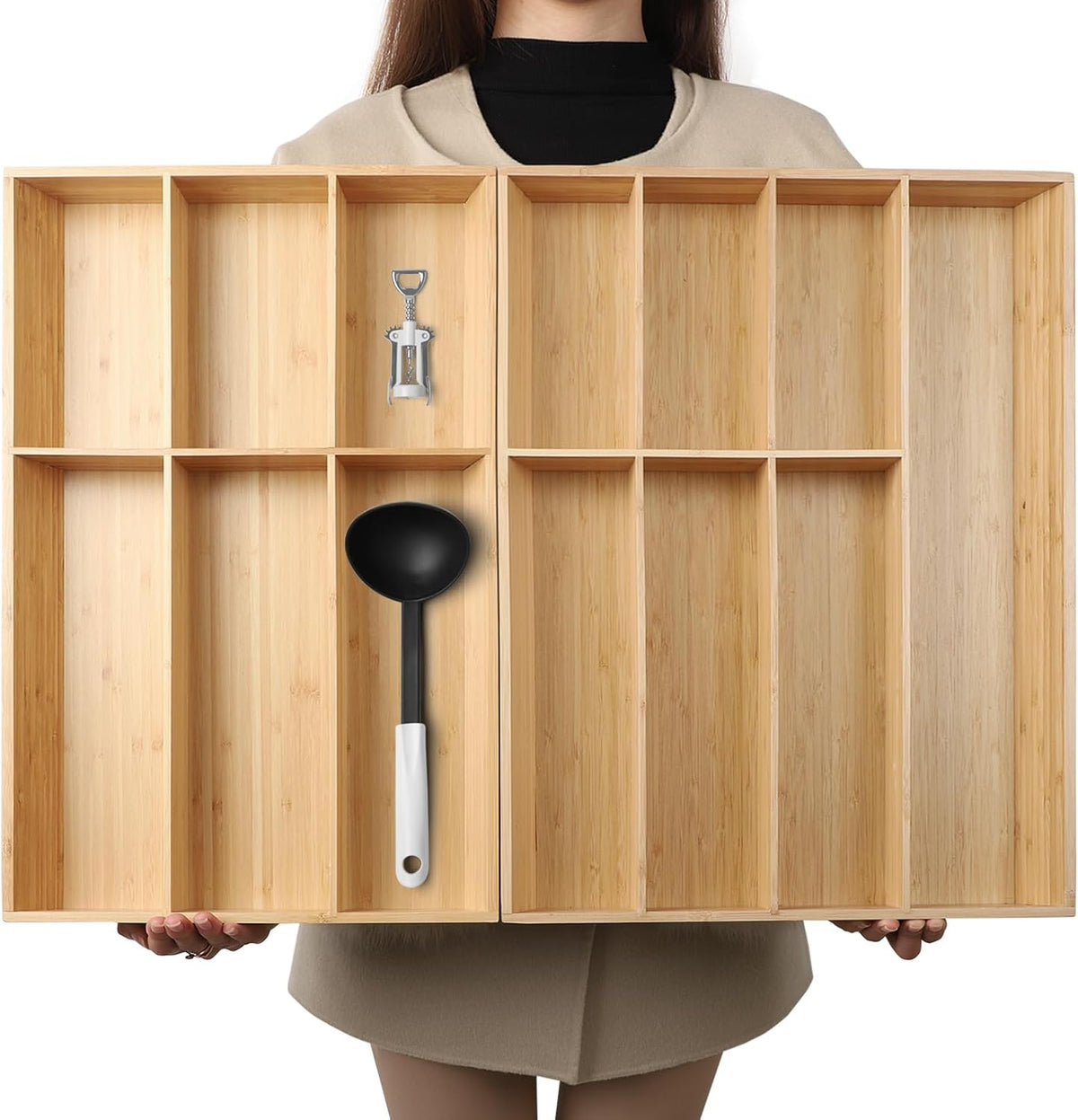 BAMOTTO CRAFTBAMBOO Stack Bamboo Drawer Organizer Set of 5, Kitchen Utensil, Flatware&Silverware Organizer-Wood Laminated Stackable for Kitchen, Bedroom, 13.4''x4.5''*2+10.2''x3.3''*2+10.2''x6.7''*1