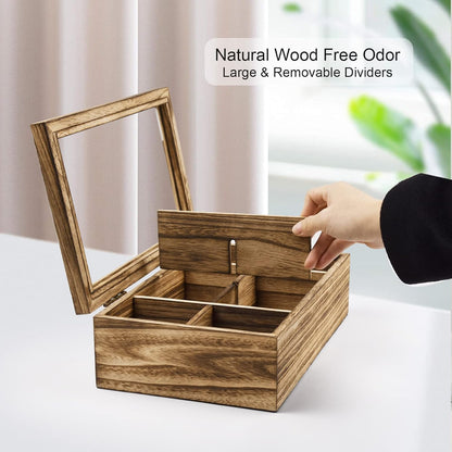 Alsonerbay Wooden Tea Box Tea Bag Holder Kitchen Storage Chest Box for Spice Pouches and Sugar Packets with 8 Compartments and Glass Window Weathered Black
