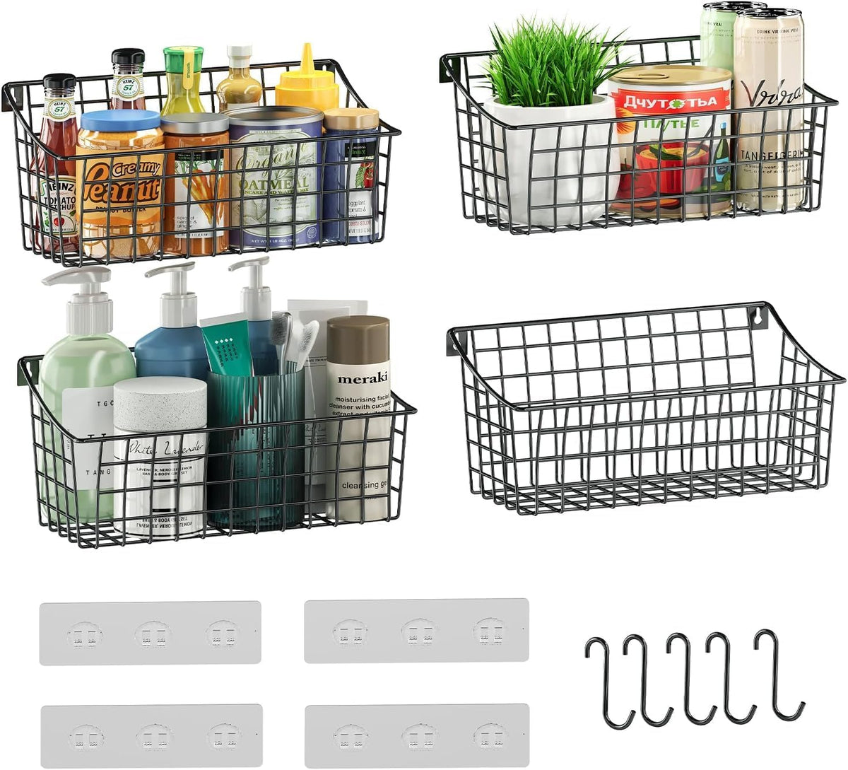 Sonyabecca 6 Pack Hanging Wall Basket for Organizing, Large Wire Basket for Storage Pantry with 5 S Hook+6 Adhesive Hook, Wall Mounted Shelf for Kitchen Bathroom