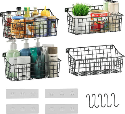 Sonyabecca 6 Pack Hanging Wall Basket for Organizing, Large Wire Basket for Storage Pantry with 5 S Hook+6 Adhesive Hook, Wall Mounted Shelf for Kitchen Bathroom