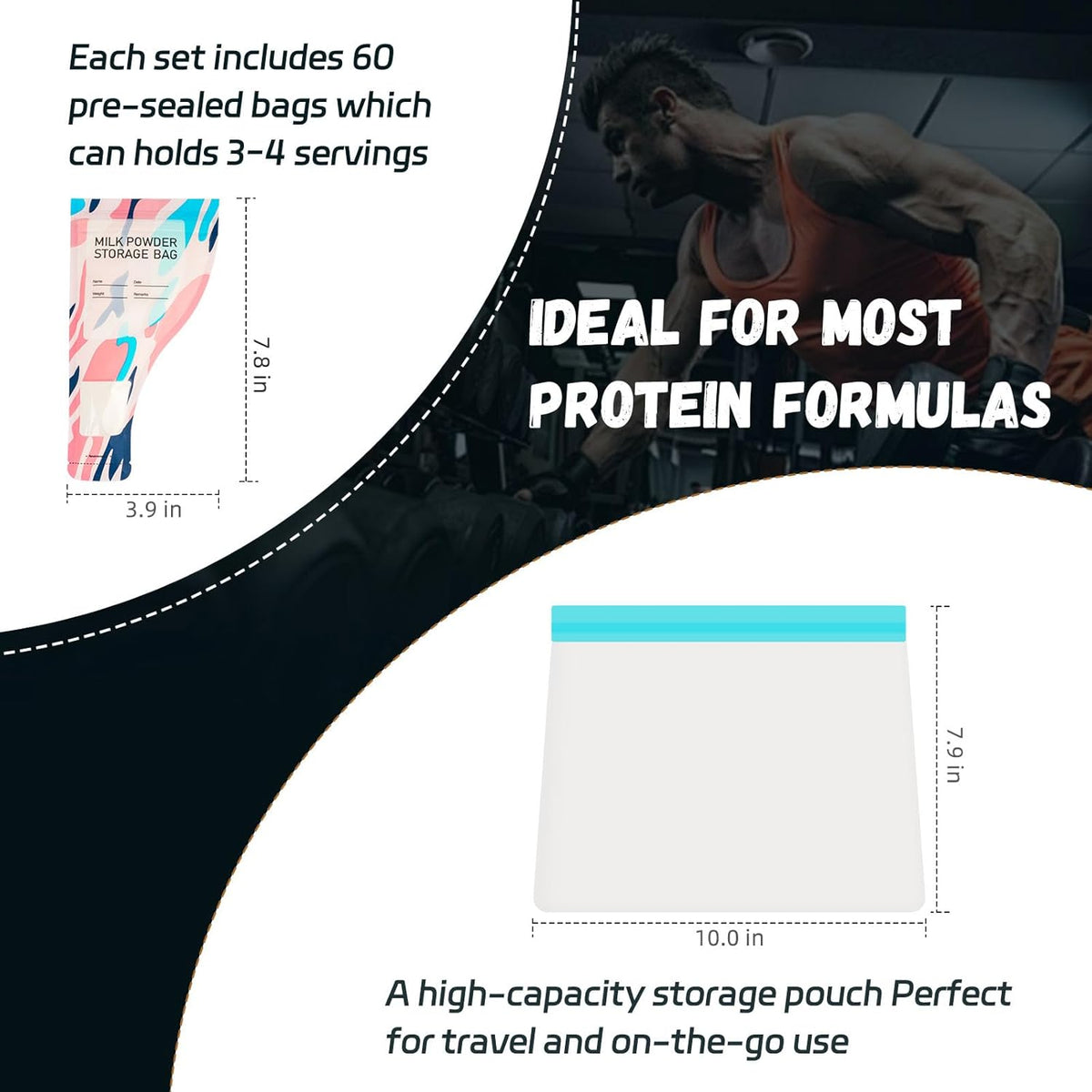 Disposable Protein Powder Travel Containers – 60Pcs Single-Use Protein Powder Bags, Leakproof Mess-Free Supplement Storage with Pouch & Scoop for Gym, Travel, Work, Flight & On-the-Go Lifestyles