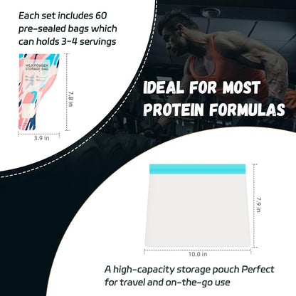 Disposable Protein Powder Travel Containers – 60Pcs Single-Use Protein Powder Bags, Leakproof Mess-Free Supplement Storage with Pouch & Scoop for Gym, Travel, Work, Flight & On-the-Go Lifestyles