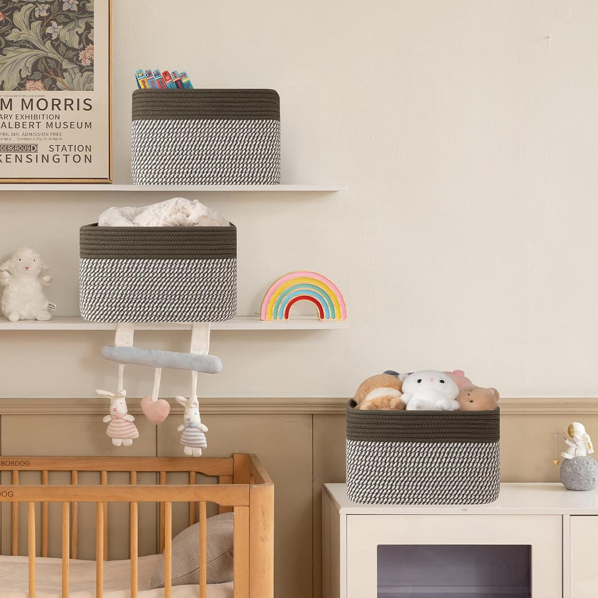 4 Pack Storage Baskets for Organizing, Woven Baskets for Shelves - Perfect for Toys, Books, Towels, and Clothes, Durable Gift Basket Bins Toy Storage, 12.7''Lx9''Wx7.8''H, Brown & White
