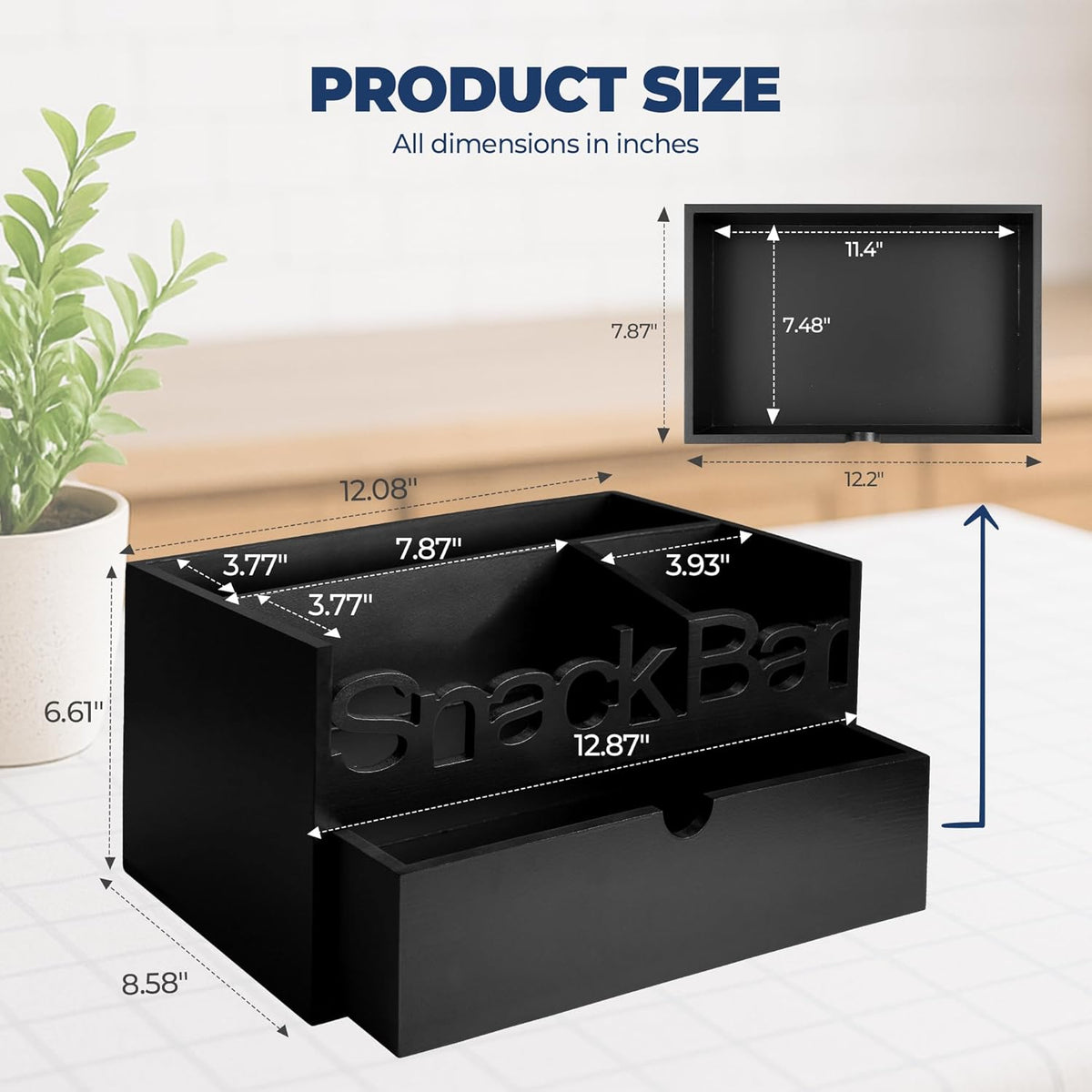 Snack Bar Organizer – Black 5 Compartment Station, Countertop Pantry Organizer for Kitchen, Office Food Holder, Candy Storage Bin, Display Stand, Cabinet Tray & Shelf
