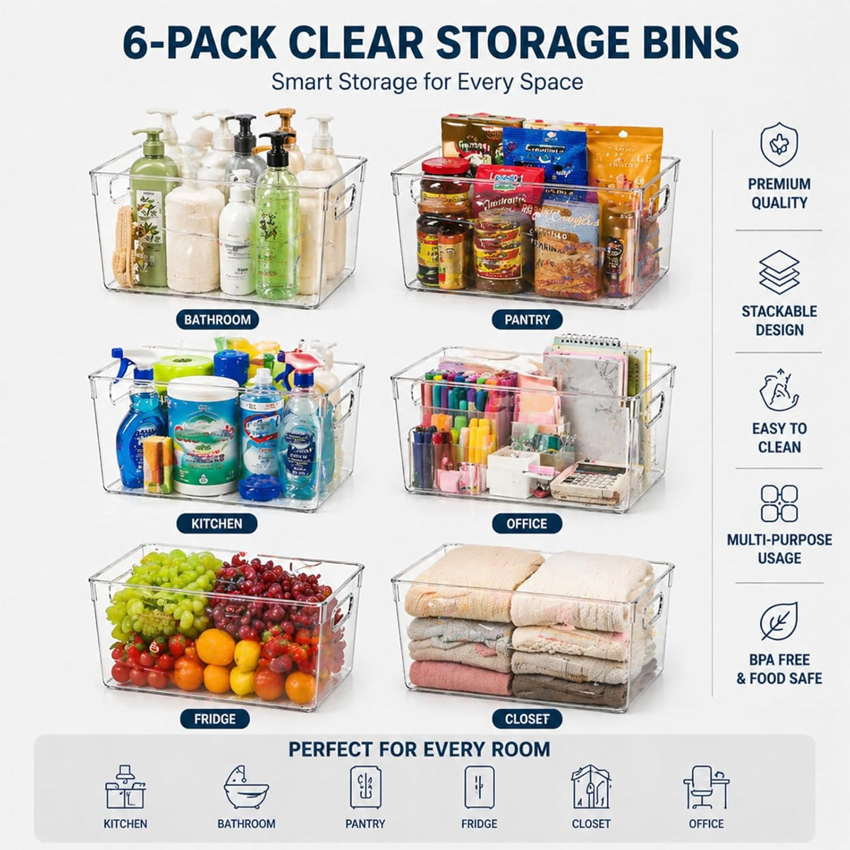 MOONEDGE Set of 4 Clear Plastic Organizer Bins, 2 Large & 2 Small Storage Bins for Pantry, Nestable Space-Saving Containers for Cabinets, Under-Sink, Bathroom, Kitchen & Freezer Organization