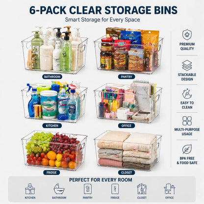MOONEDGE Set of 4 Clear Plastic Organizer Bins, 2 Large & 2 Small Storage Bins for Pantry, Nestable Space-Saving Containers for Cabinets, Under-Sink, Bathroom, Kitchen & Freezer Organization