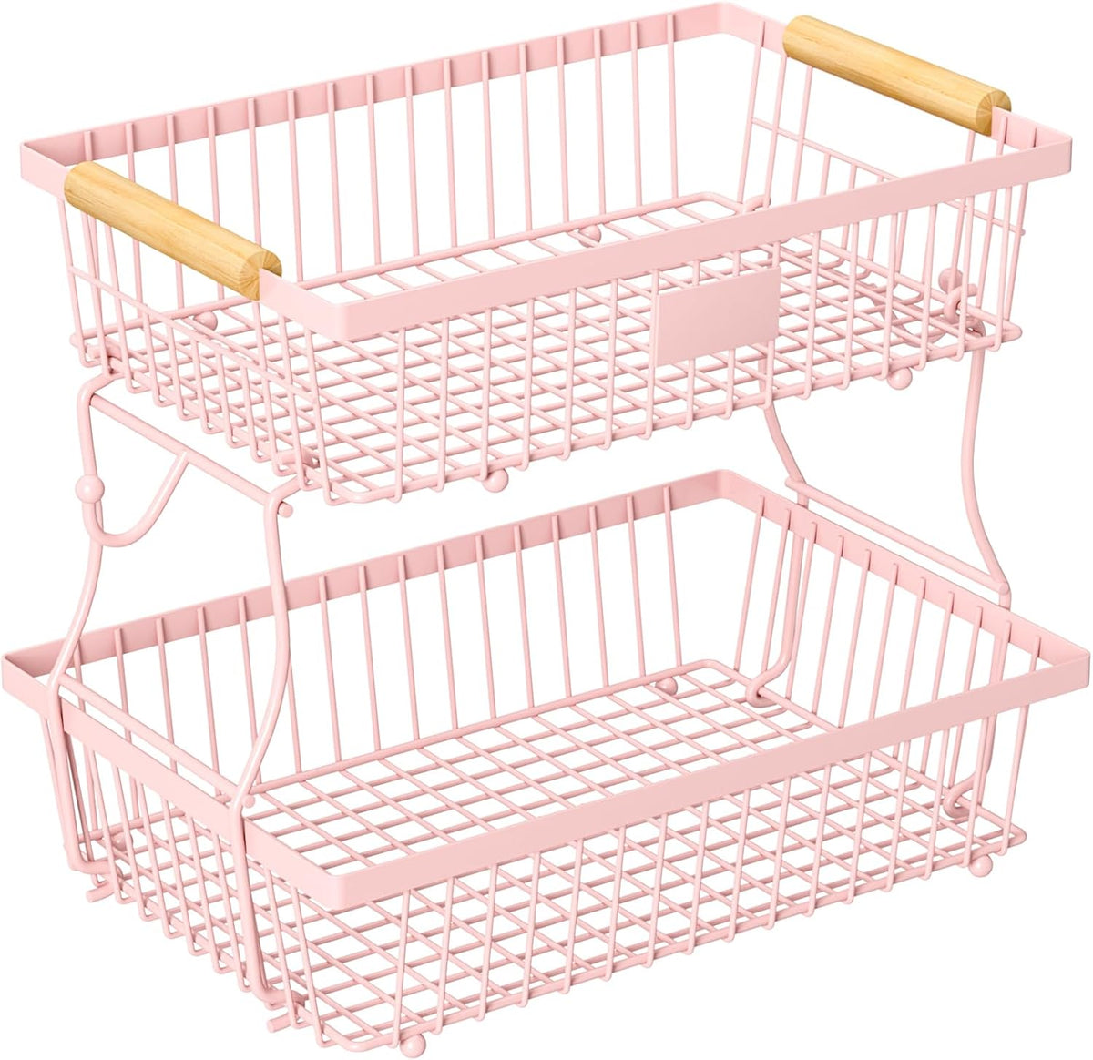 2 Tier Fruit Basket for Kitchen Counter with 2 Banana Hangers, Countertop Metal Bread Basket with Wooden Handle, Large Storage Stand for Vegetables, Snacks, Eggs, Produce Storage – Black