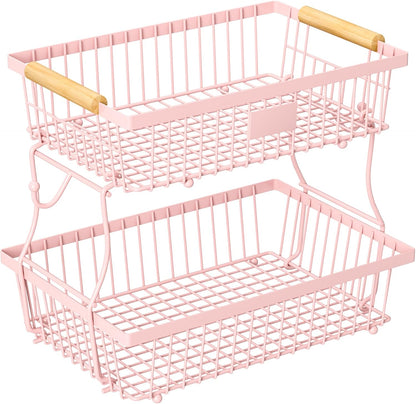 2 Tier Fruit Basket for Kitchen Counter with 2 Banana Hangers, Countertop Metal Bread Basket with Wooden Handle, Large Storage Stand for Vegetables, Snacks, Eggs, Produce Storage – Black
