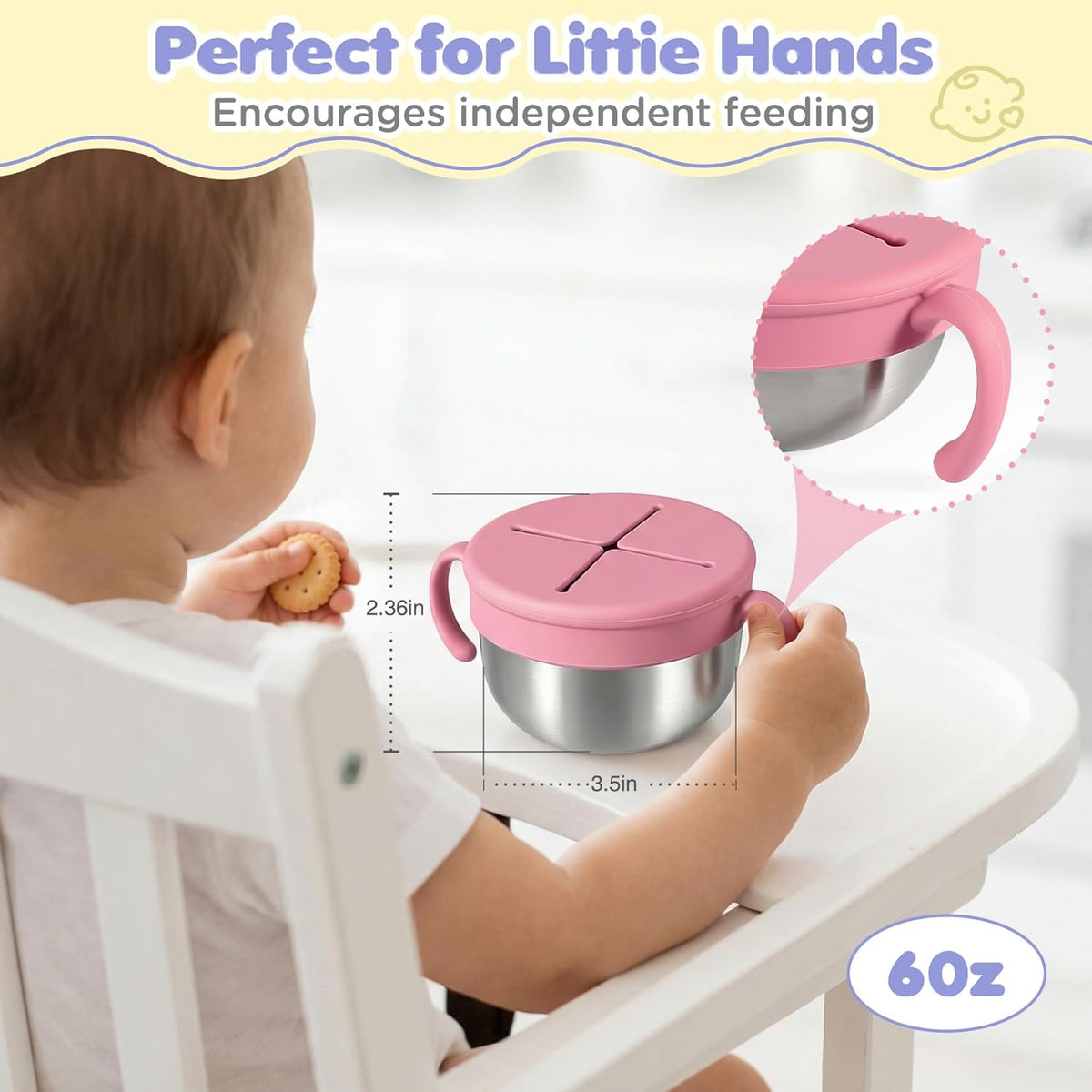 Snack Cups, 2 Pack Stainless Steel Toddler Snack Containers, Spill-Proof Snack Bowls, Silicone Removable Lids & Handles, Food Storage Containers, Dishwasher Safe Snack Container, Baby Shower Gifts