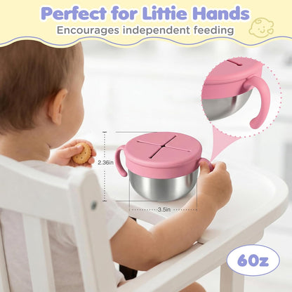 Snack Cups, 2 Pack Stainless Steel Toddler Snack Containers, Spill-Proof Snack Bowls, Silicone Removable Lids & Handles, Food Storage Containers, Dishwasher Safe Snack Container, Baby Shower Gifts