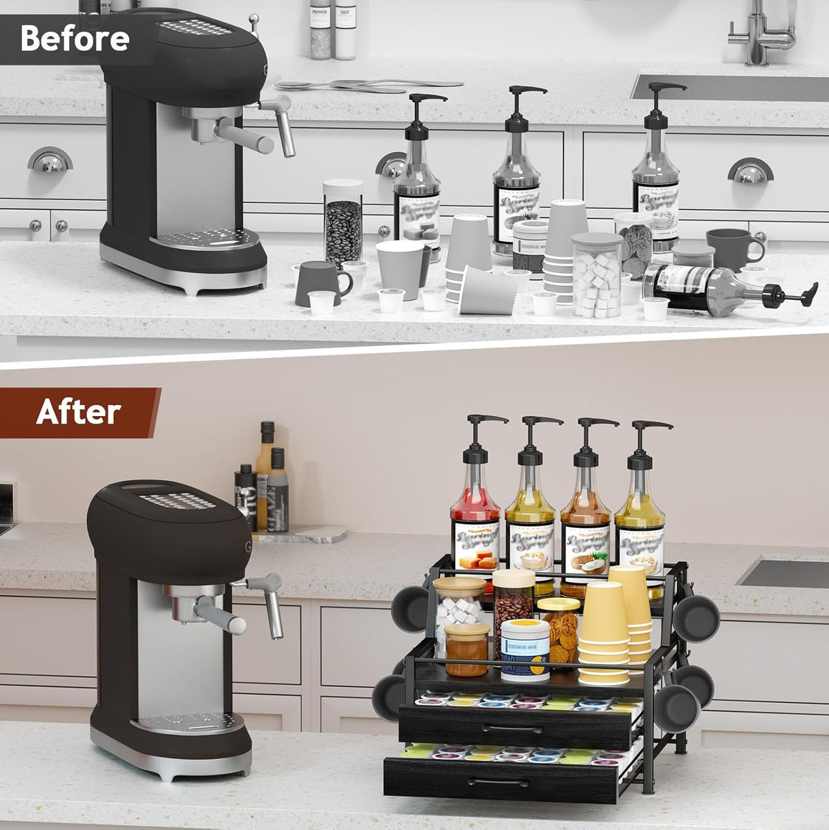 Homsorout Coffee Syrup Rack Organizer - 4-Tier 8 Syrup Wine Bottles Stand with 82 Storage Drawer for K Cups, Coffee Pod Holder for Countertop, Bar Station, Kitchen, Rustic Brown