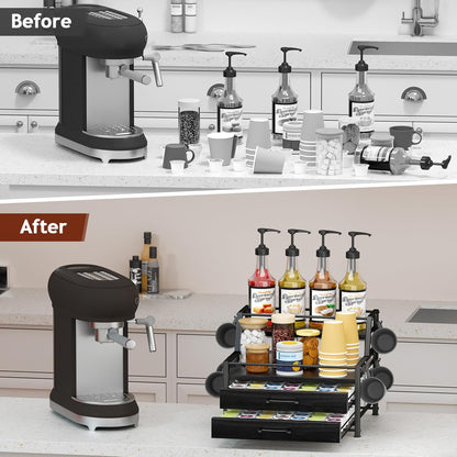 Homsorout Coffee Syrup Rack Organizer - 4-Tier 8 Syrup Wine Bottles Stand with 82 Storage Drawer for K Cups, Coffee Pod Holder for Countertop, Bar Station, Kitchen, Rustic Brown