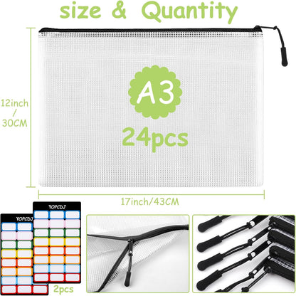 YOPCDJ 24pcs Mesh Zipper Pouch File Bags Puzzle Storage Bags, A3 17x12 Inches Large Reusable Zipper Pouches for Organizing Classroom Board Game Organization