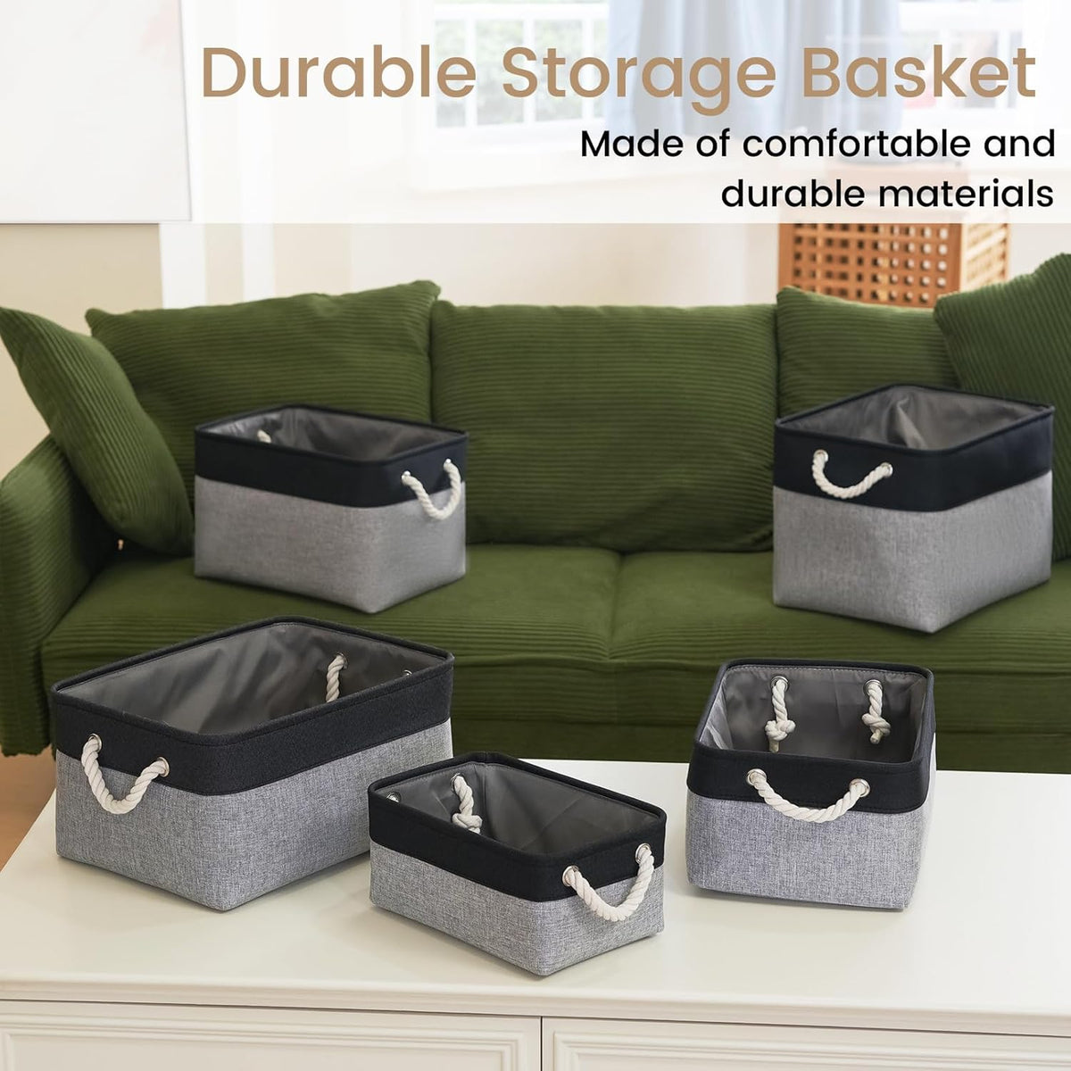 Large Storage Baskets- 15.7x11.8x8.26 inch Storage Bins for Shelves and Closet Organizing, Foldable Fabric Bin for Home Organization Clothes and Laundry (3-Pack, White&Khaki)